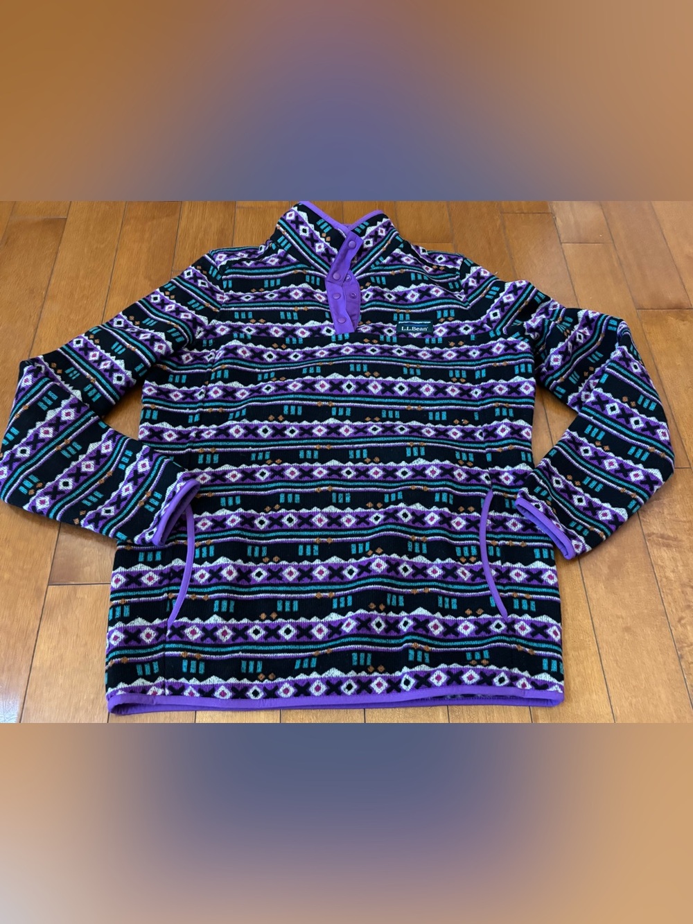 L.L. Bean Women’s Small Purple Teal Aztec Geometric Knit Fleece Pullover NWOT